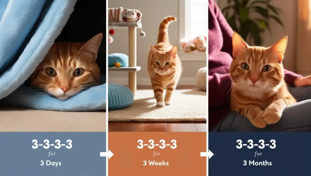 The 3-3-3 rule timeline for taking care of a cat for the first time.