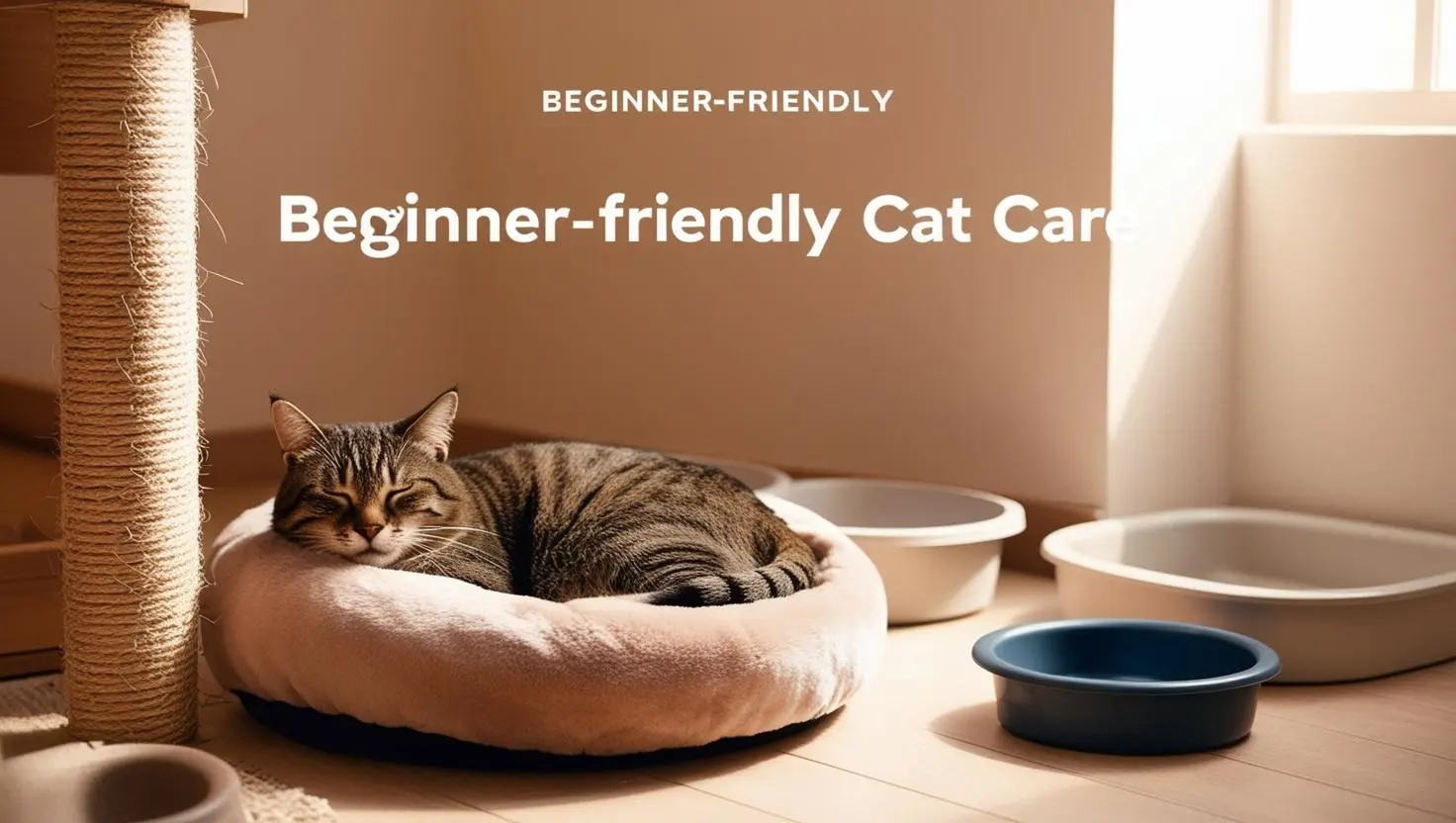 How to Take Care of a Cat for the First Time: Essentials like a bed, food bowl, and litter tray.