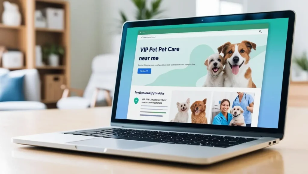 A laptop or smartphone screen showing search results for VIP pet care near me vip pet care- knowmint