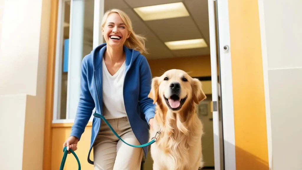 A pet owner leaving the clinic with their dog, looking happy and reassured vip pet care - knowmint