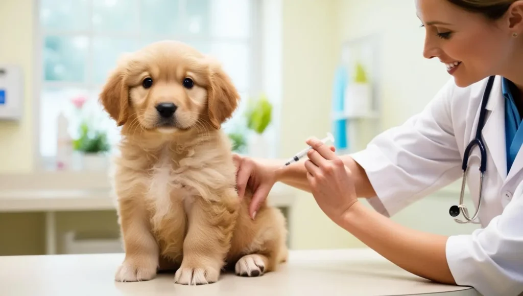 A puppy getting vaccinated by a veterinarian vip pet care- knowmint