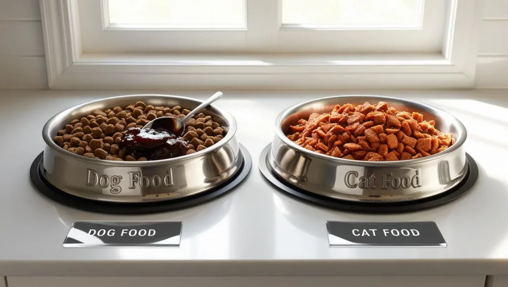 Two bowls of food side by side, one with dog food and the other with cat food, highlighting the difference in textures and nutritional content. Can dogs eat cat food safely?