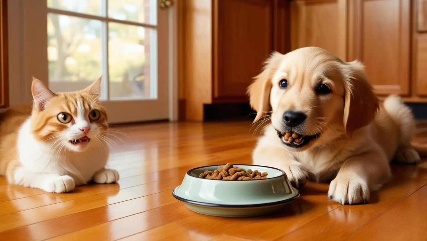 A mischievous dog named Dicky caught eating cat food with a guilty expression while the cat, Patches, looks disapprovingly in the kitchen. Can dogs eat cat food?