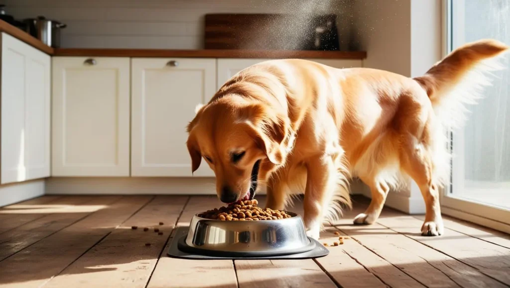 A healthy dog happily eating balanced dog food from its bowl, showing the importance of proper nutrition. Can dogs eat cat food regularly without harm?