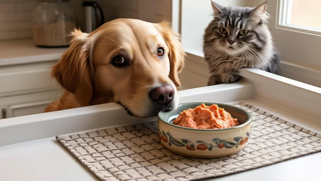 A curious dog peering longingly at a cat’s food bowl, with a look of desire. Can dogs eat cat food, or is it harmful?